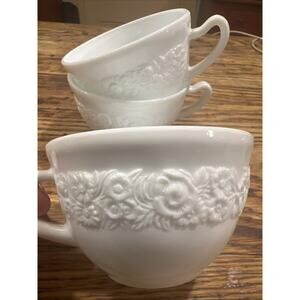 Vintage Vitrock White Milk Glass Teacups Floral Rose Embossed set of 3